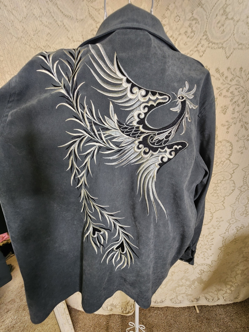 Bob Mackie Grey Embroidered Phoenix Leather Jacket